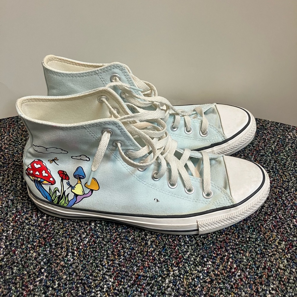 Converse Sky Blue High-Tops with Colorful Mushroom Design